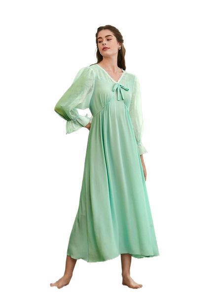 

flounce sleeve lace trim knot front chiffon nightdress c9in#, Black;red