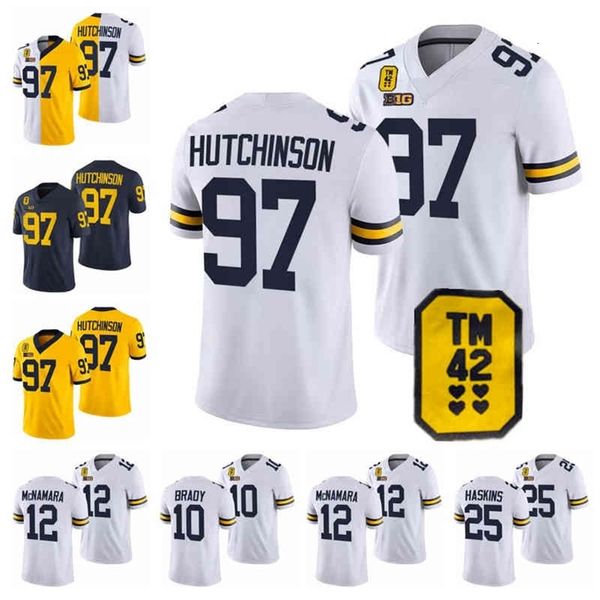 

a001 97 aidan hutchinson michigan 42 patch jersey wolverines hassan mccarthy tom brady josh ross nico collins ronnie bell daxton hill woodso, Black