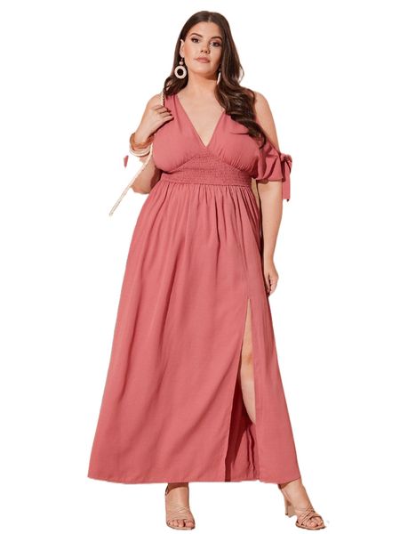 

plus cold shoulder shirred split thigh dress c2qf#, Black