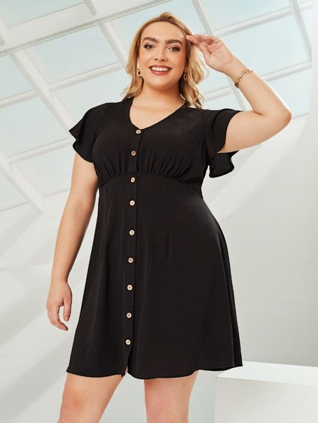 

plus butterfly sleeve button front dress u2cj#, Black