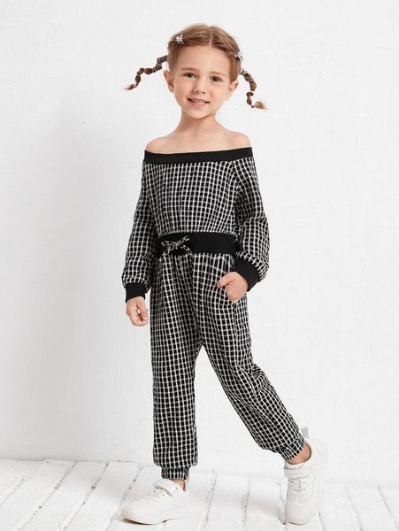

toddler girls plaid print off shoulder jumpsuit she, Blue