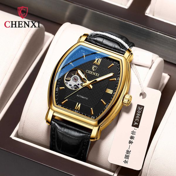 

chenxi mechanical watch men's 2022 full automatic fashion wine barrel hollowed out wristwatches men's waterproof watches 8815a, Slivery;brown