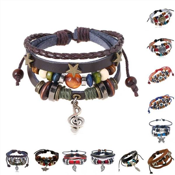 Bracelets de charme vintage bohemia punk Note musical pingente corda multi -camadas de couro de couro contas personalizadas homens ajustáveis ​​braceletcharm