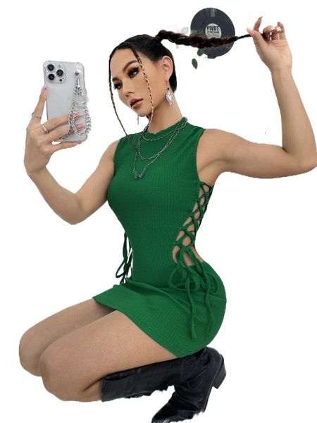 

lace up side mock neck tank dress r7f1#, Black;gray