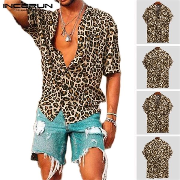 

summer short sleeve leopard print shirt men lapel neck loose button up blouse breathable streetwear shirts men incerun 220611, White;black