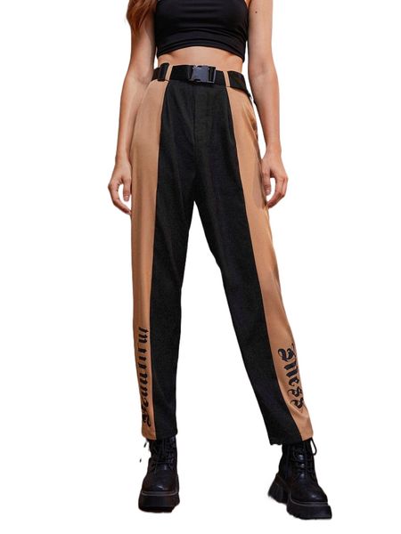 

x nadya rios letter graphic two tone buckle belted pants 05as#, Black;white