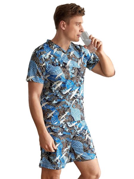 

men crane & floral print pj set 78wf#, Black;brown