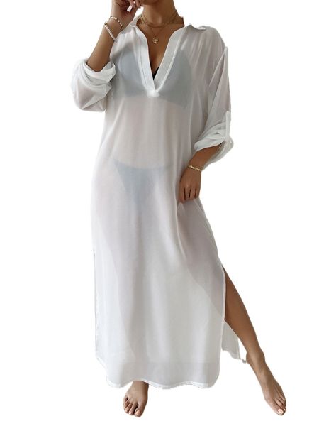 

plain slit thigh cover up j2bt#, White;black