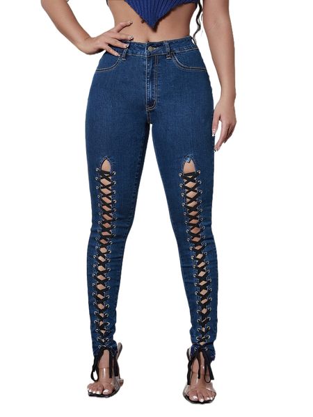 

sxy solid lace up skinny jeans d07s#, Blue