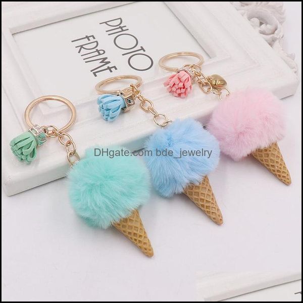

key rings ice cream keychain cute bag cartoon imitation rex rabbit fur plush pendant cone car hair ball accessories keycha bdejewelry dhh2a, Slivery;golden
