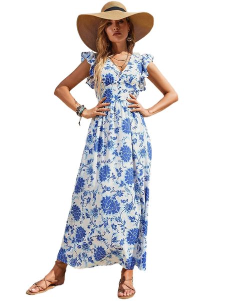 

floral print butterfly sleeve shirred back a-line dress e76l#, Black;gray