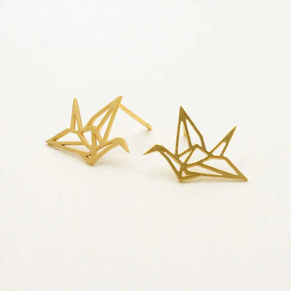 

10pair- s011 gold silver origami crane stud earrings baby paper crane bird earrings stud little swallow earrings animal jewelry, Golden;silver
