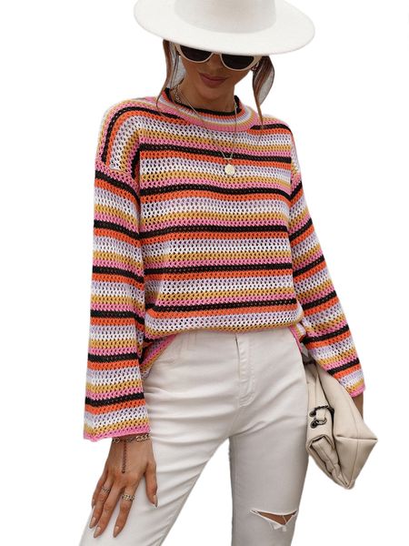 

block striped pattern drop shoulder pointelle knit sweater m2gm#, White;black