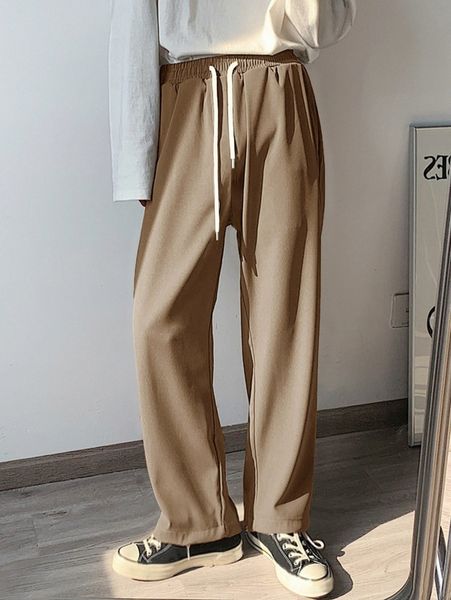 

men drawstring waist straight leg pants 042u#, Black