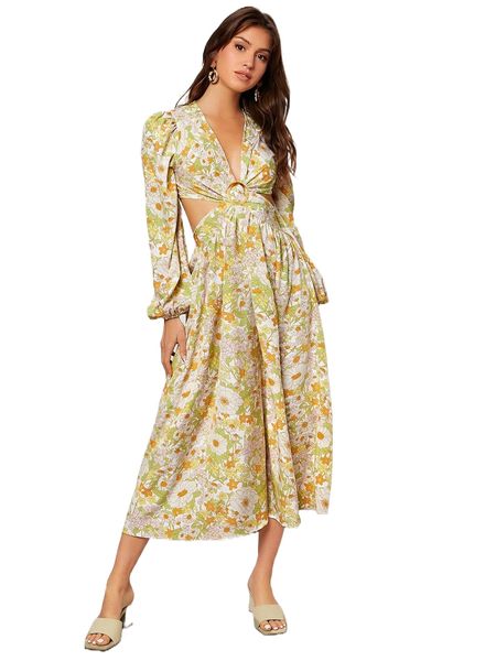 

floral print cut out lantern sleeve buckled front dress p7t2#, Black;gray