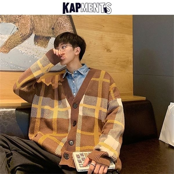 

kapments thick fashion plaid sweater for mens autumn korean jumpers knitwear cardigan male warm japan style casual sweaters 201202, White;black