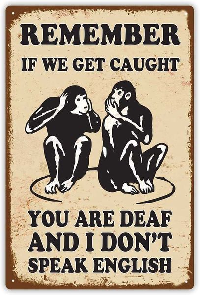 

funny retro style metal sign, if we get caught you are deaf and i don't speak english, novelty home decor, 8x12 inches