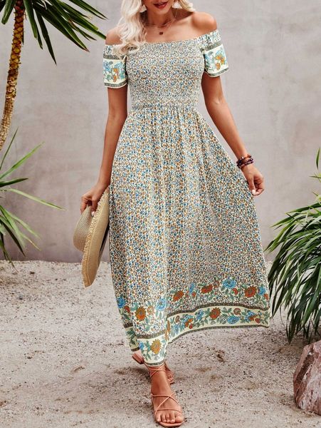 

floral print off shoulder shirred a-line dress z6uk#, Black;gray