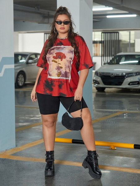 

plus floral & slogan graphic tie dye drop shoulder tee c1as#, Black