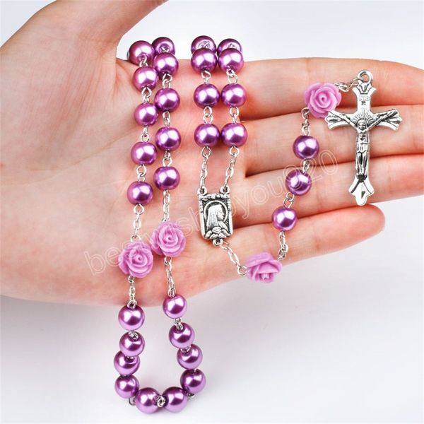 

religion jesus necklace jewelry classic pink imitation pearl rose flower rosary necklaces long cross pendant fashion sweater chain for women, Silver