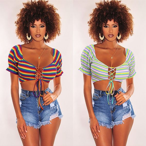 

women's t-shirt rainbow striped twist detail cut out crop tee y1vt#, White