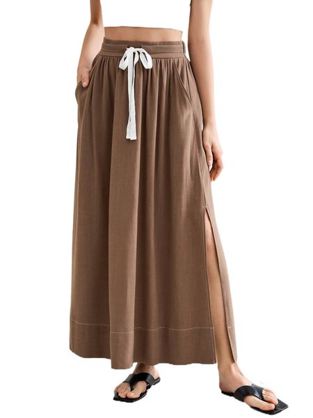 

drawstring waist slant pocket split thigh skirt h0zo#, Black