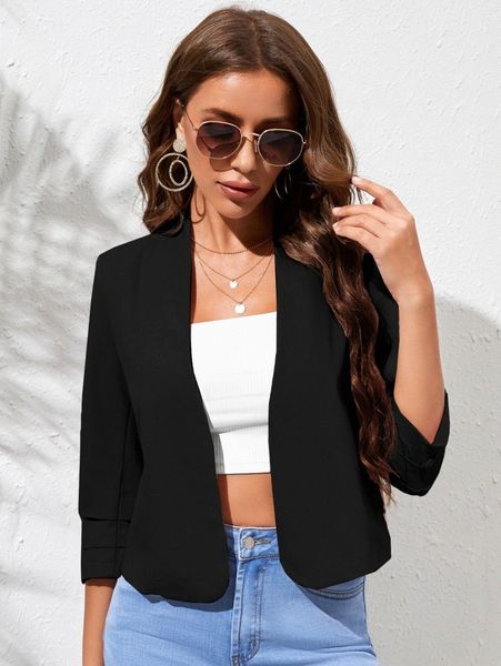 

layer detail sleeve open front crop blazer s4r1#, White
