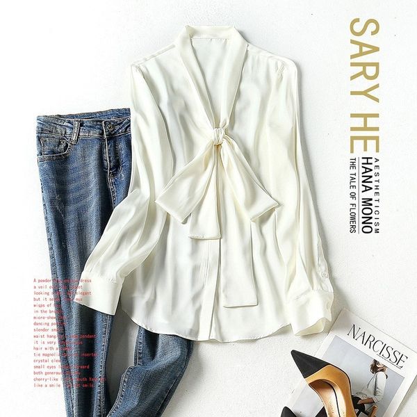 

women's blouses & shirts nanyou high-end silk shirt female spring and summer v-neck bow tie temperament long sleeve mulberry blouse p7q, White