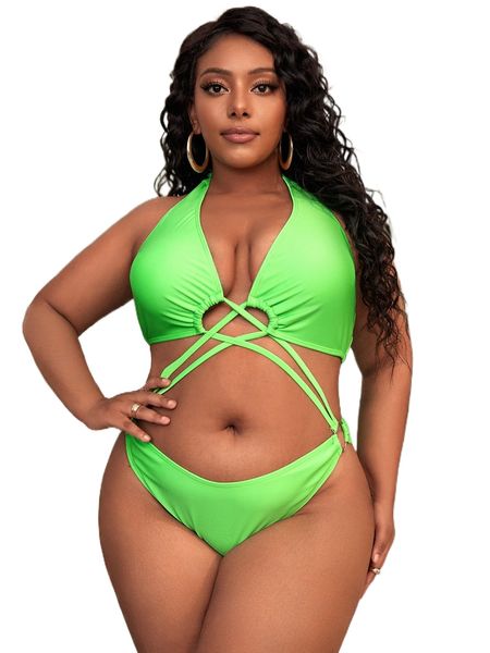

plus neon green crisscross front o-ring halter monokini m9bm#, White;black