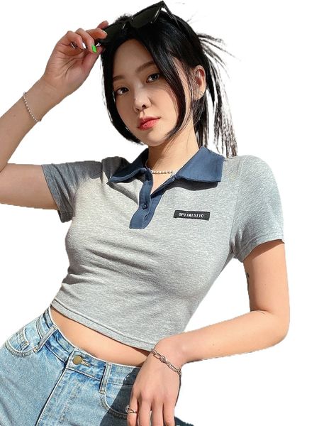 

dazy letter patched contrast collar polo tee a1yt#, White