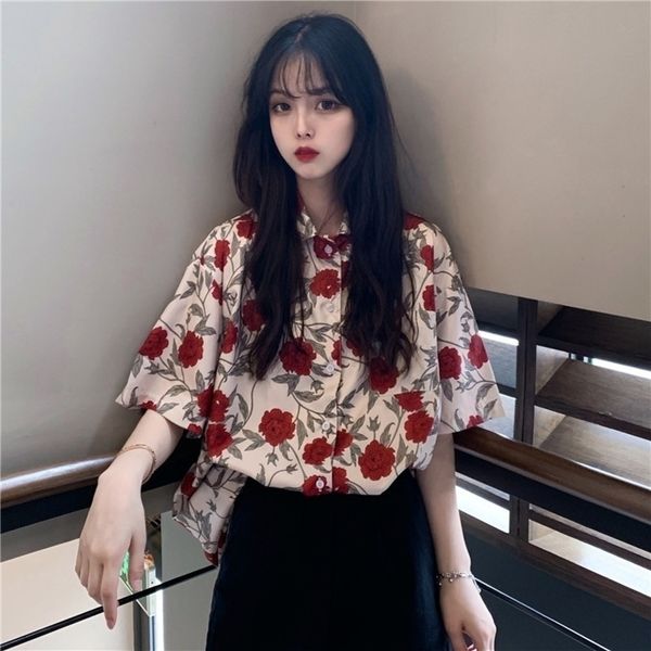 

vintage turndown collar flower print pockets summer blouses shirts fashion brand korean style womens clothing modis y200622, White