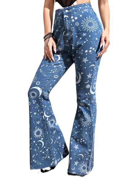 

romwe sun & moon graphic flare leg jeans n8js#, Blue