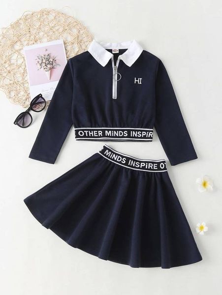 

girls letter tape o-ring half zip pullover & flared skirt she, White