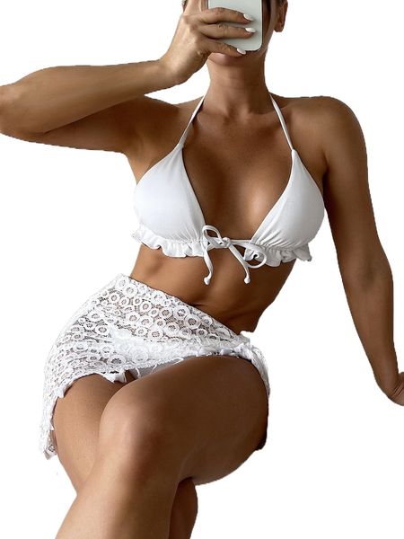 

3pack rib halter triangle bikini swimsuit & beach skirt w3vv#, White;black
