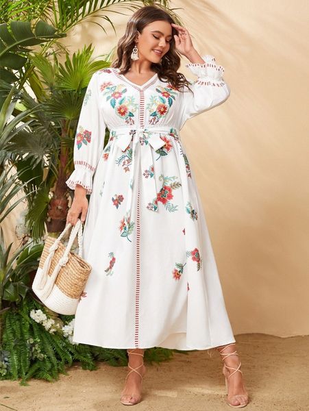 

plus floral print belted bell sleeve dress y85x#, Black