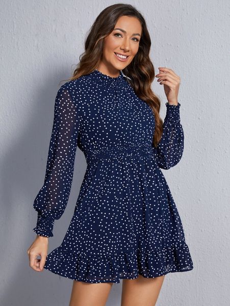 

mock neck shirred ruffle hem polka dot chiffon dress 83bv#, Black;gray