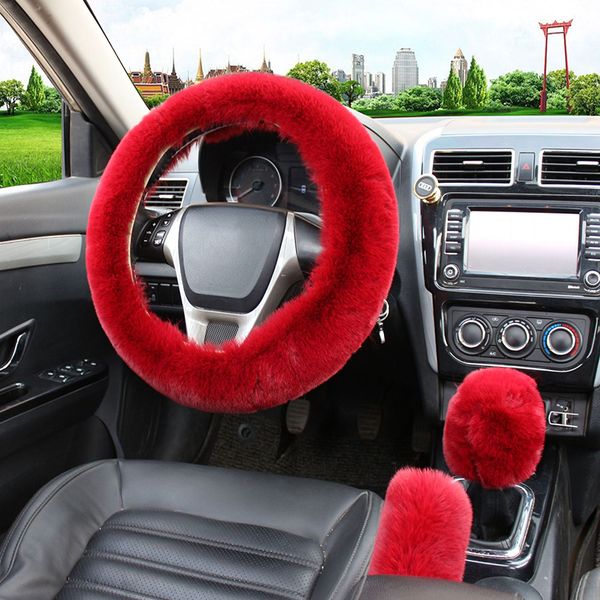 

artificial rabbit fur car steering wheel cover warm winter car handbrake shift cover three-piece set heating steering wheel 38cm