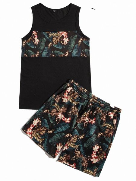 

men tropical print tank & drawstring waist shorts 70c7#, Gray