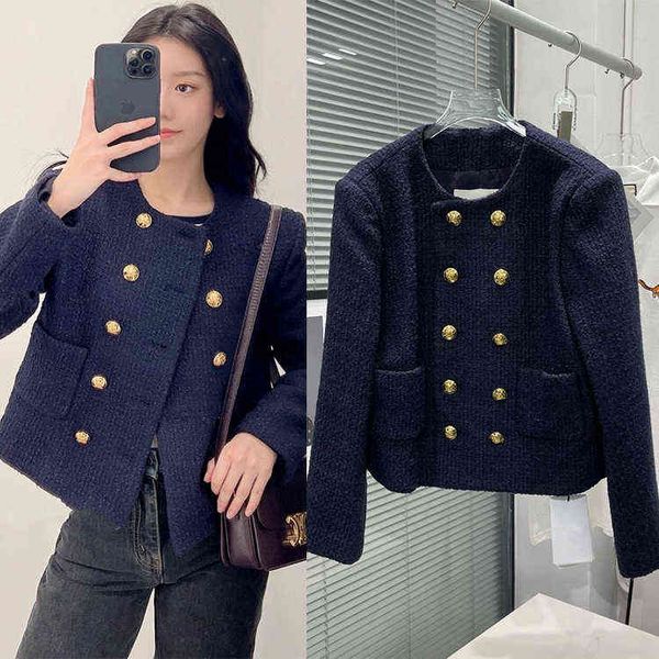

spring and summer new celebrity small fragrance navy blue double breasted gold button wool tweed short coat, Black;brown