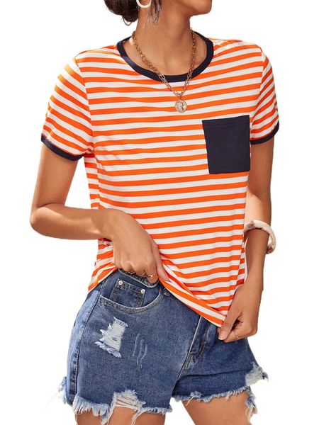 

striped print contrast pocket ringer tee c9qw#, White
