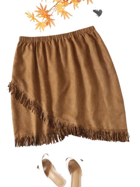 

plus fringe trim wrap asymmetrical hem suede skirt 76ik#, Black