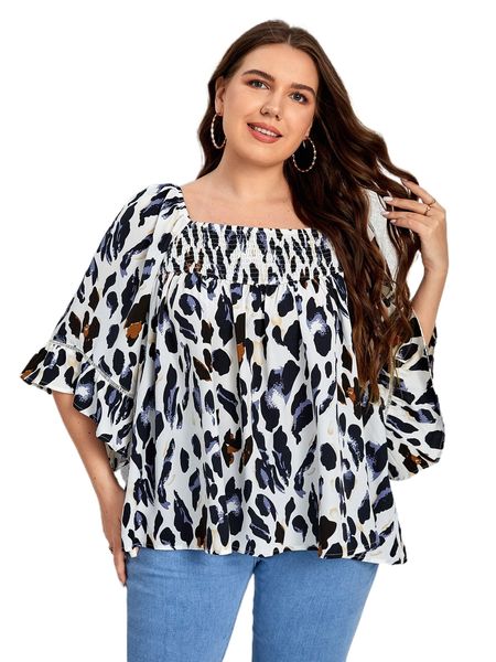 

plus allover print flounce sleeve blouse p8hd#, Black