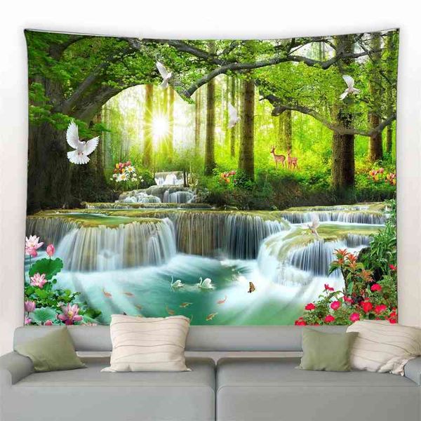 Forest Waterfall Tapestry Sunshine Trees Deer Pink Lotus Fiore naturale Paesaggio Tappeti da parete Home Living Room Hanging Decor J220804