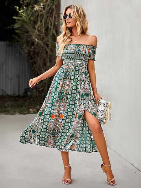 

liti women print dress summer one shoulder bohemian split hem, Black