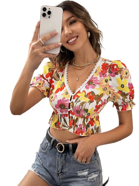 

lace trim allover floral peplum blouse a8gk#, White