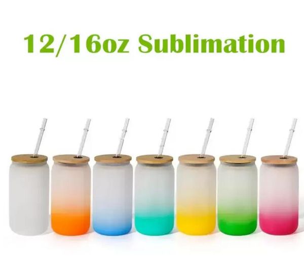 UPS 12 / 16oz Sublimação Fosco Glass Garrafa de Água Tumblers Tiro Tiro Vidros Jar Soda Palha Copo com Tampa De Bambu Colorido Copo de Vidro Colorido