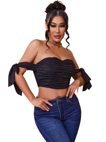 

sxy off shoulder knot side ruched shirred back crop w2yd#, White