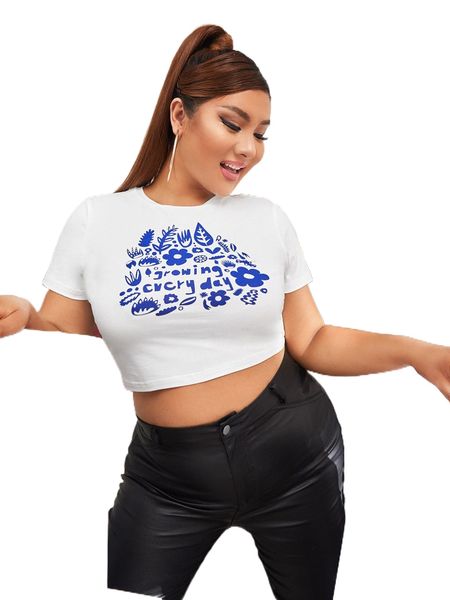 

x mister fred plus slogan and botanical print crop tee e4ef#, Black