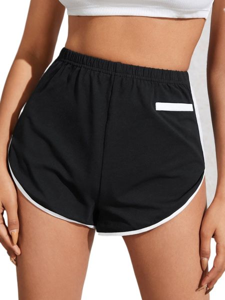 

contrast binding elastic waist track shorts 32ok#, White;black