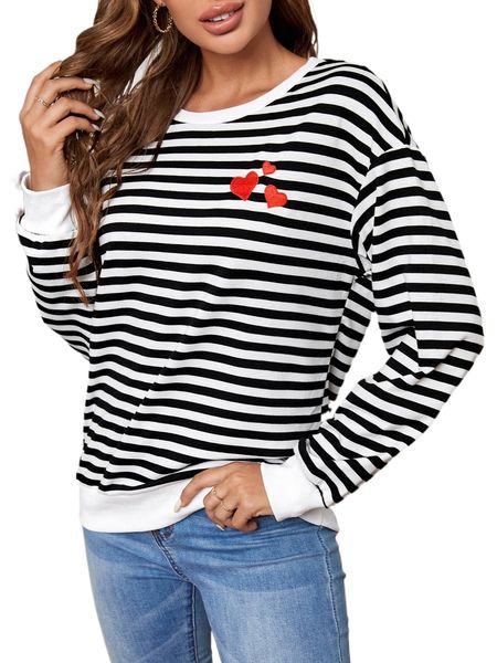 

striped print heart embroidery drop shoulder sweatshirt 032l#, Black